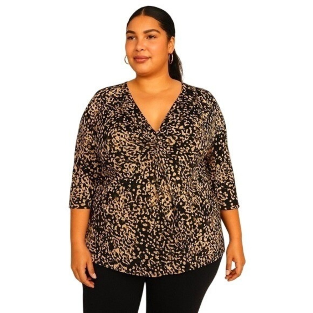 Avenue Women Plus 18/20 Animal Print Brown Cream Twist V Neck 3/4‎ Sleeve Tunic